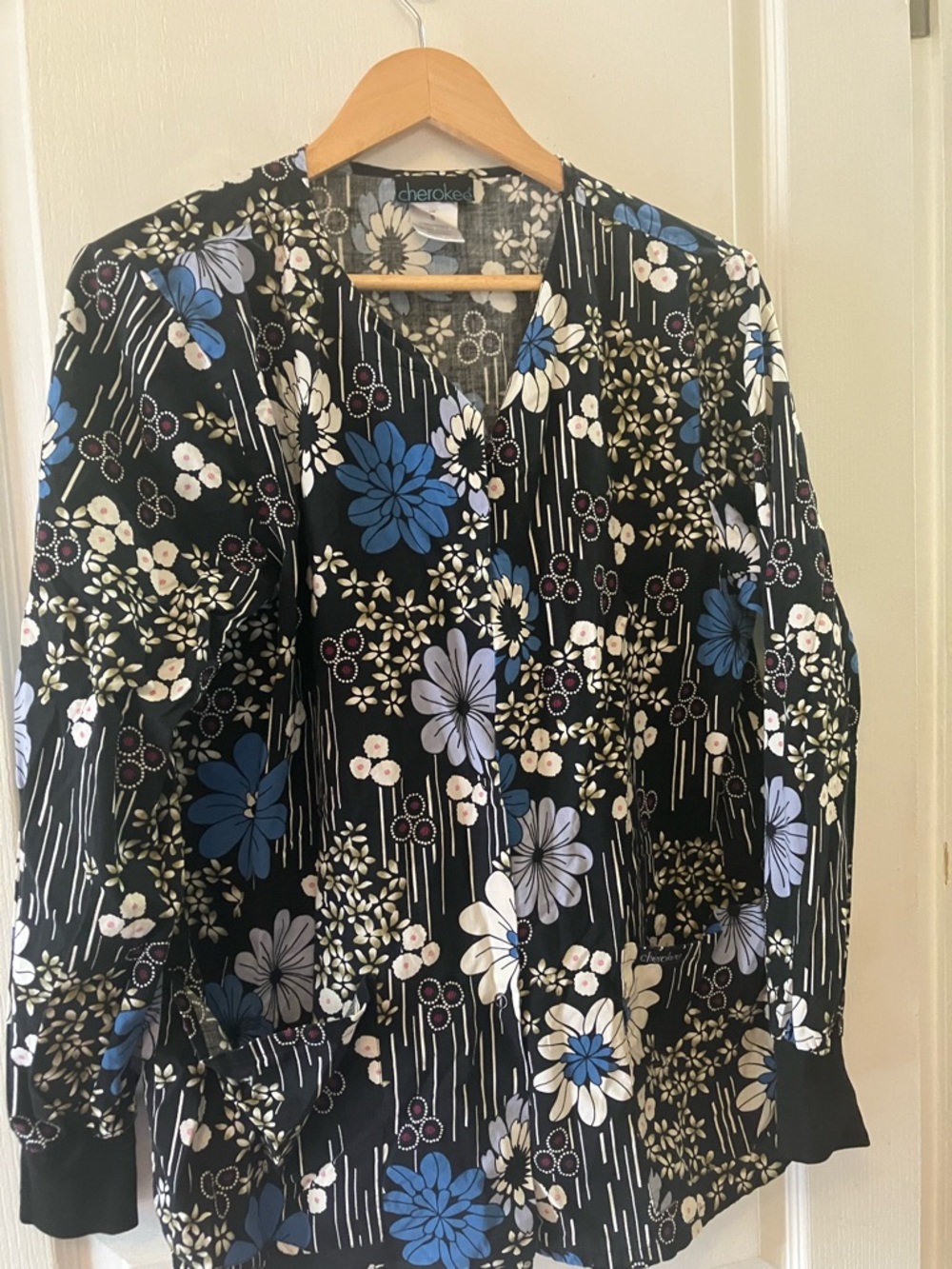 Cherokee Black Floral Jacket with Blue & White Blooms